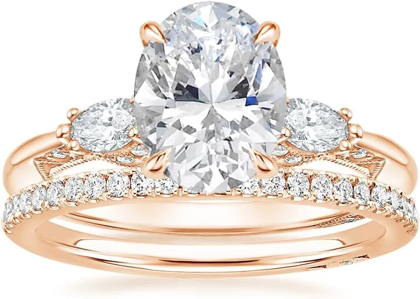 1-3.70 CT Oval Moissanite Wedding Bridal Set Tacori Three Stone Marquise Engagement Ring 925 Sterling Silver 10K 14K 18K Gold Anniversary Promise Ring Valentine Gift for Her