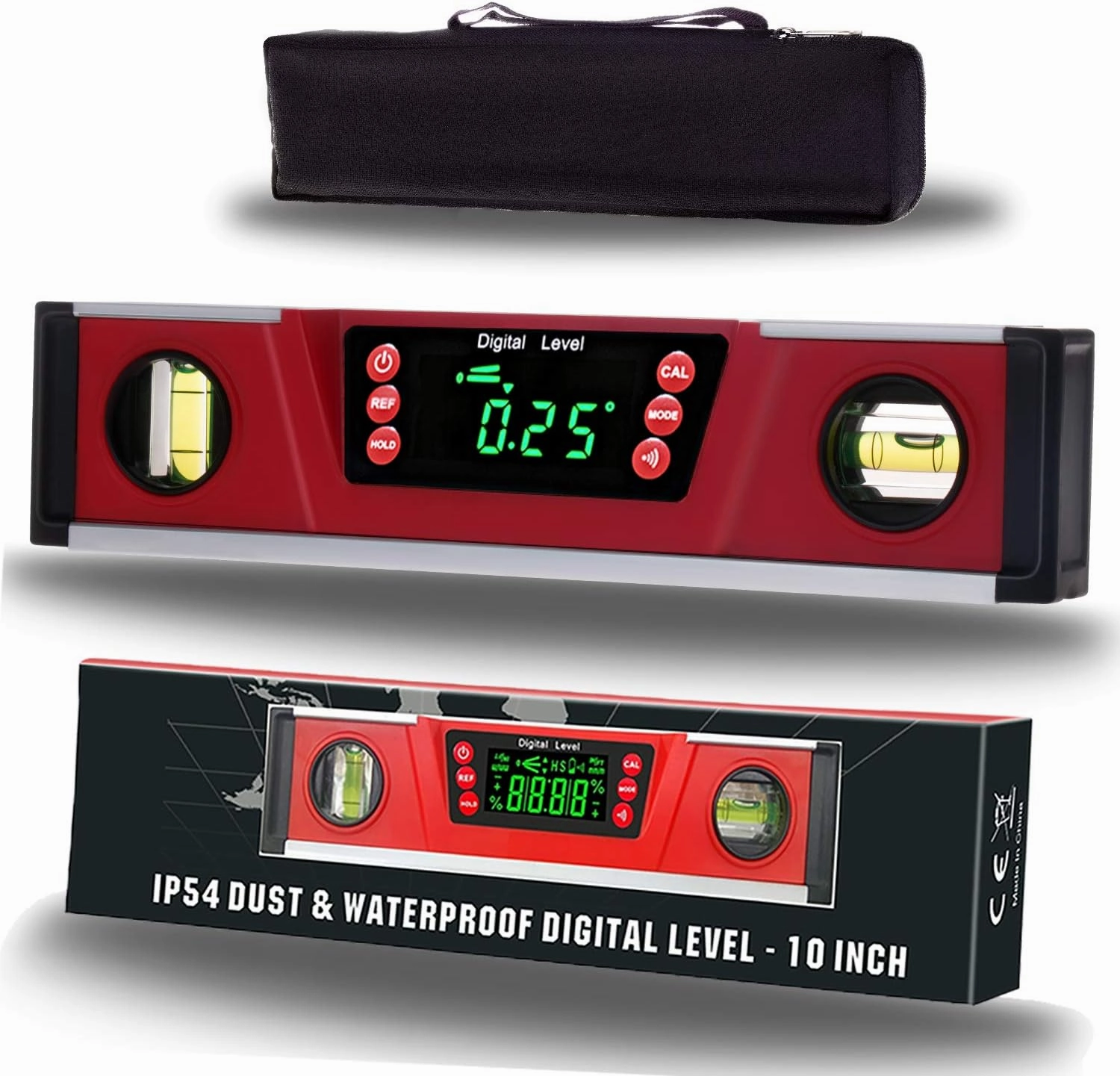 10-Inch Digital Torpedo Level and Protractor | Neodymium Magnets | Bright LED Display | V-GROOVE MAGNETIC BASE | IP54 Dust/Water Resistant smart level with Carrying Bag