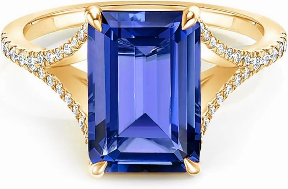 10K/14K/18K Solid Gold 4-10CT Lab-Grown Blue Sapphire Cocktail Ring for Women Round/Oval/Emerald-Cut Royal Blue Sapphire Statement Anniversary Engagement Wedding Rings for Her Wife Size 4~12