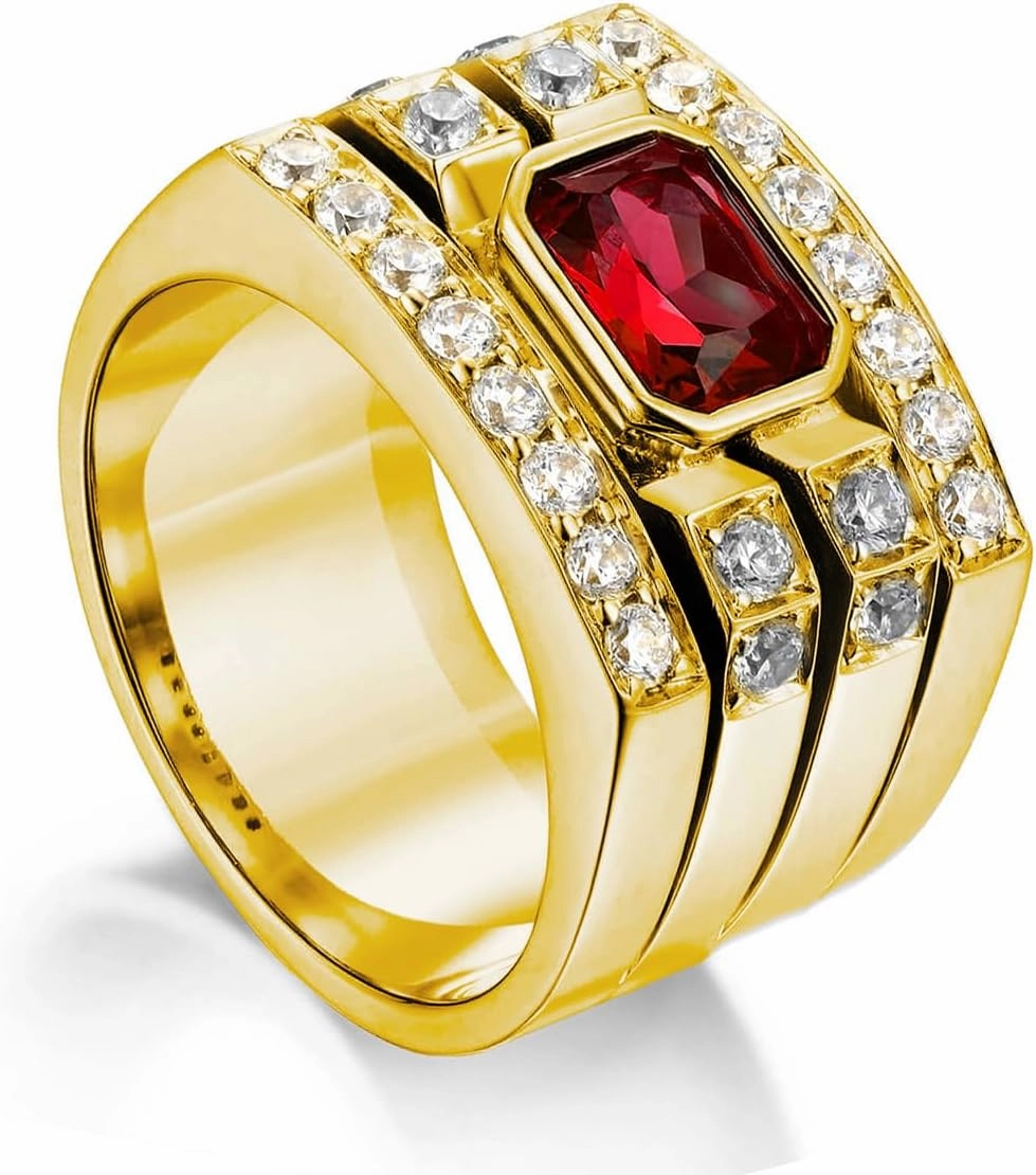 10K/14K/18K Solid Gold Garnet Men's Rings Yellow Gold Man Emerald Cut 1CT Red Garnet Chunky Signet Anniversary Rings Luxury Engagement Ring Band for Men Him Size 4-16