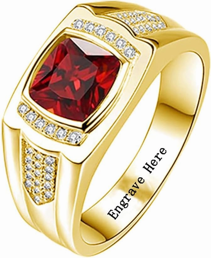 10K 14K 18K Solid Gold Natural Garnet Ring for Men Real Gold Customized Men Red Garnet Luxury Engagement Ring Wedding Engraved Ring Jewelry Gift for Husband Dad