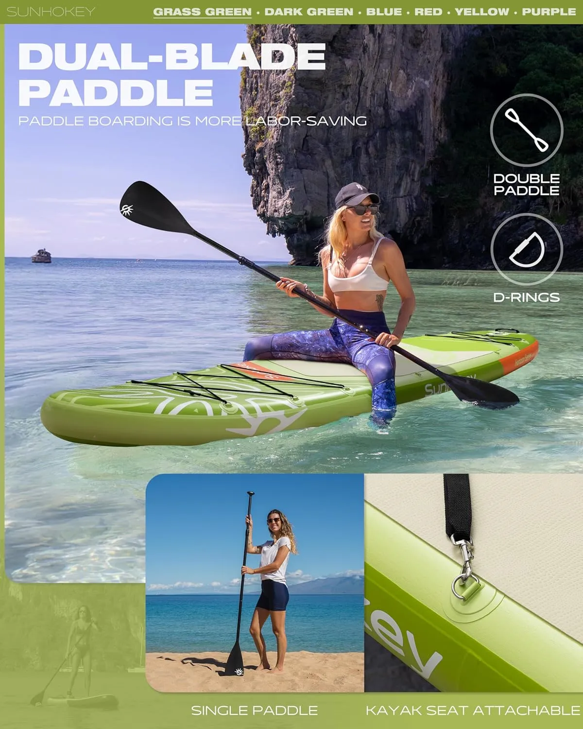 11'×34'' Extra Wide Inflatable Paddle Board with Seam Welded Technology, Stand Up Paddle Board, 420lb Capacity for Adults, Sup Board for All-Level with 2-Blade Paddle/Dual-Action Pump/Leash