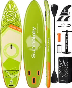11'×34'' Extra Wide Inflatable Paddle Board with Seam Welded Technology, Stand Up Paddle Board, 420lb Capacity for Adults, Sup Board for All-Level with 2-Blade Paddle/Dual-Action Pump/Leash