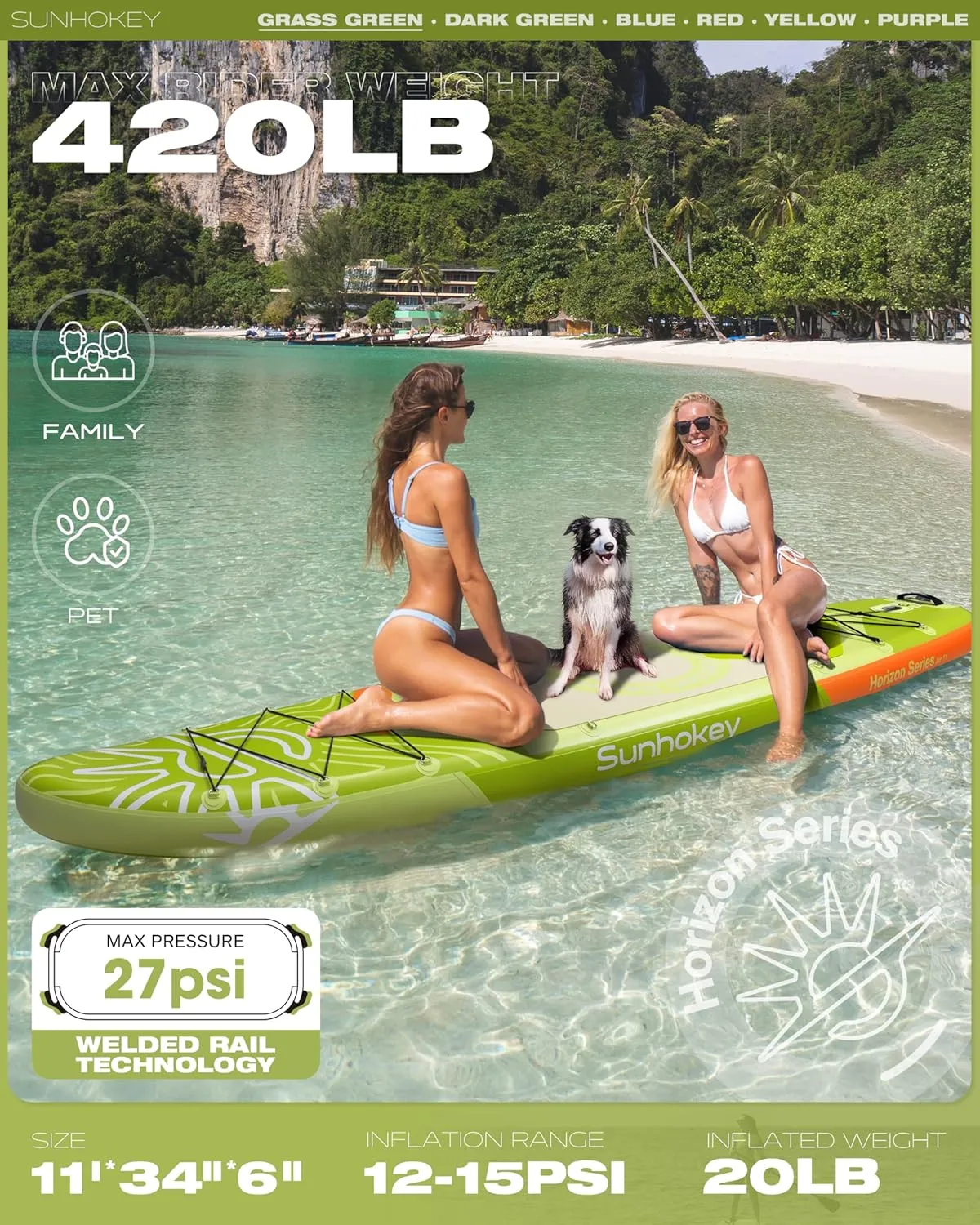 11'×34'' Extra Wide Inflatable Paddle Board with Seam Welded Technology, Stand Up Paddle Board, 420lb Capacity for Adults, Sup Board for All-Level with 2-Blade Paddle/Dual-Action Pump/Leash