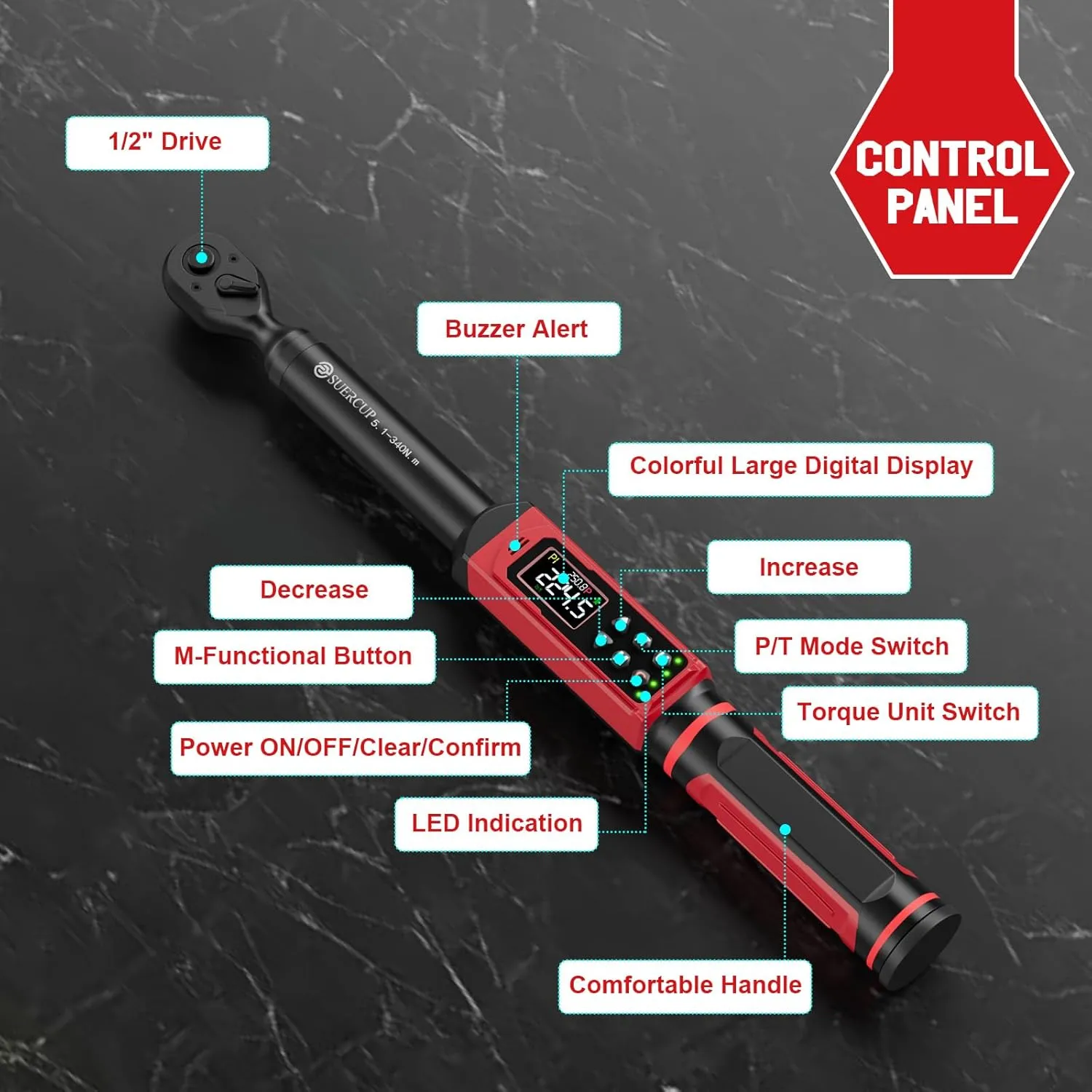 1/2-inch Digital Torque Wrench(3.8-250.8Ft.Lb/5.1-340Nm) ±1% Accuracy Digital Torque Wrench with Vibration, Buzzer,LED Notification and Five Units of Measure, for Car,Motorcycle Repair, DIY