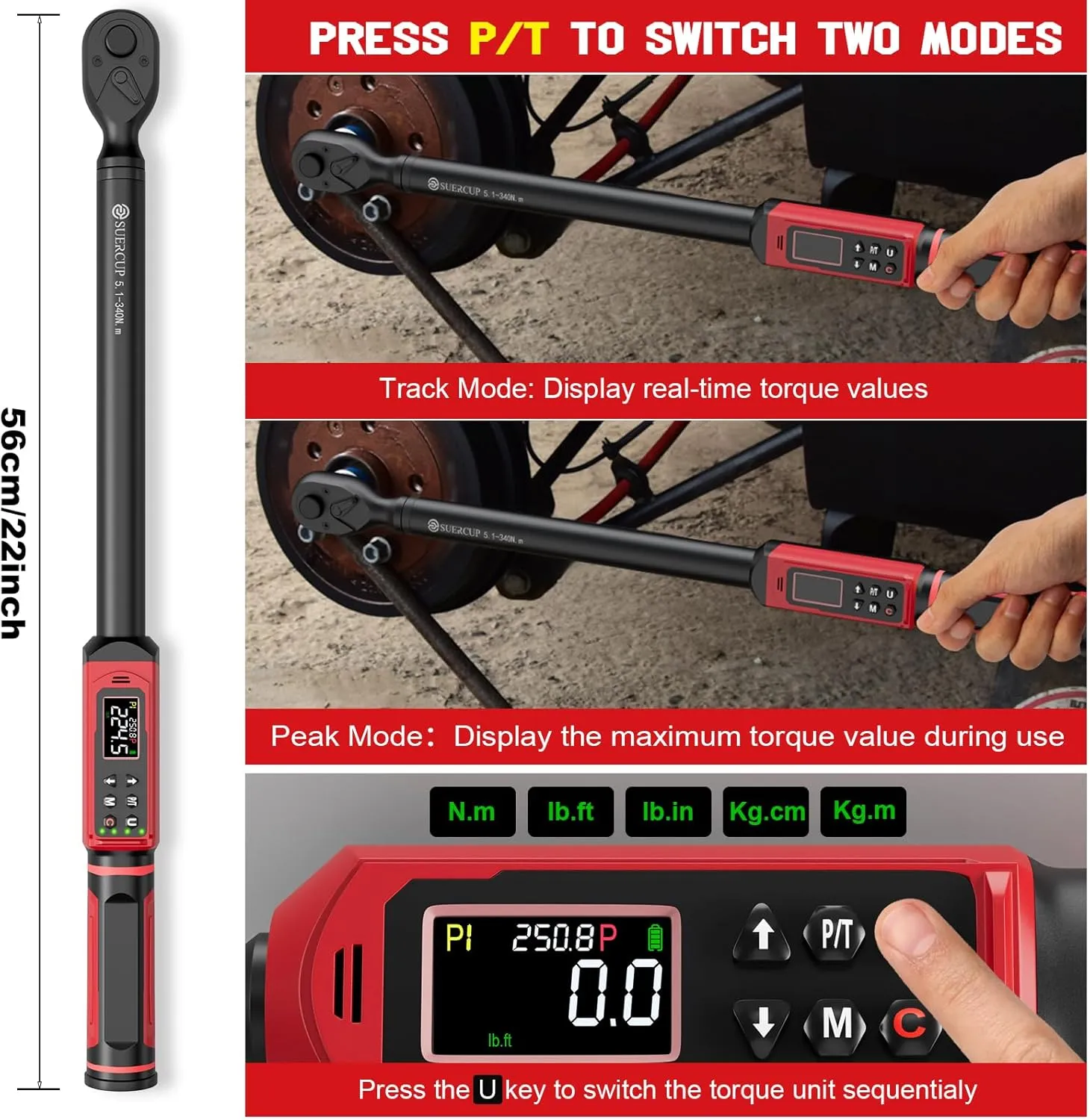 1/2-inch Digital Torque Wrench(3.8-250.8Ft.Lb/5.1-340Nm) ±1% Accuracy Digital Torque Wrench with Vibration, Buzzer,LED Notification and Five Units of Measure, for Car,Motorcycle Repair, DIY
