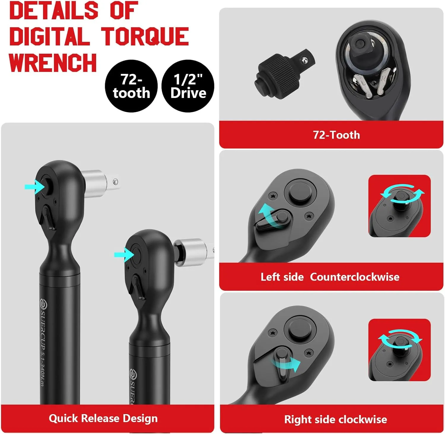 1/2-inch Digital Torque Wrench(3.8-250.8Ft.Lb/5.1-340Nm) ±1% Accuracy Digital Torque Wrench with Vibration, Buzzer,LED Notification and Five Units of Measure, for Car,Motorcycle Repair, DIY