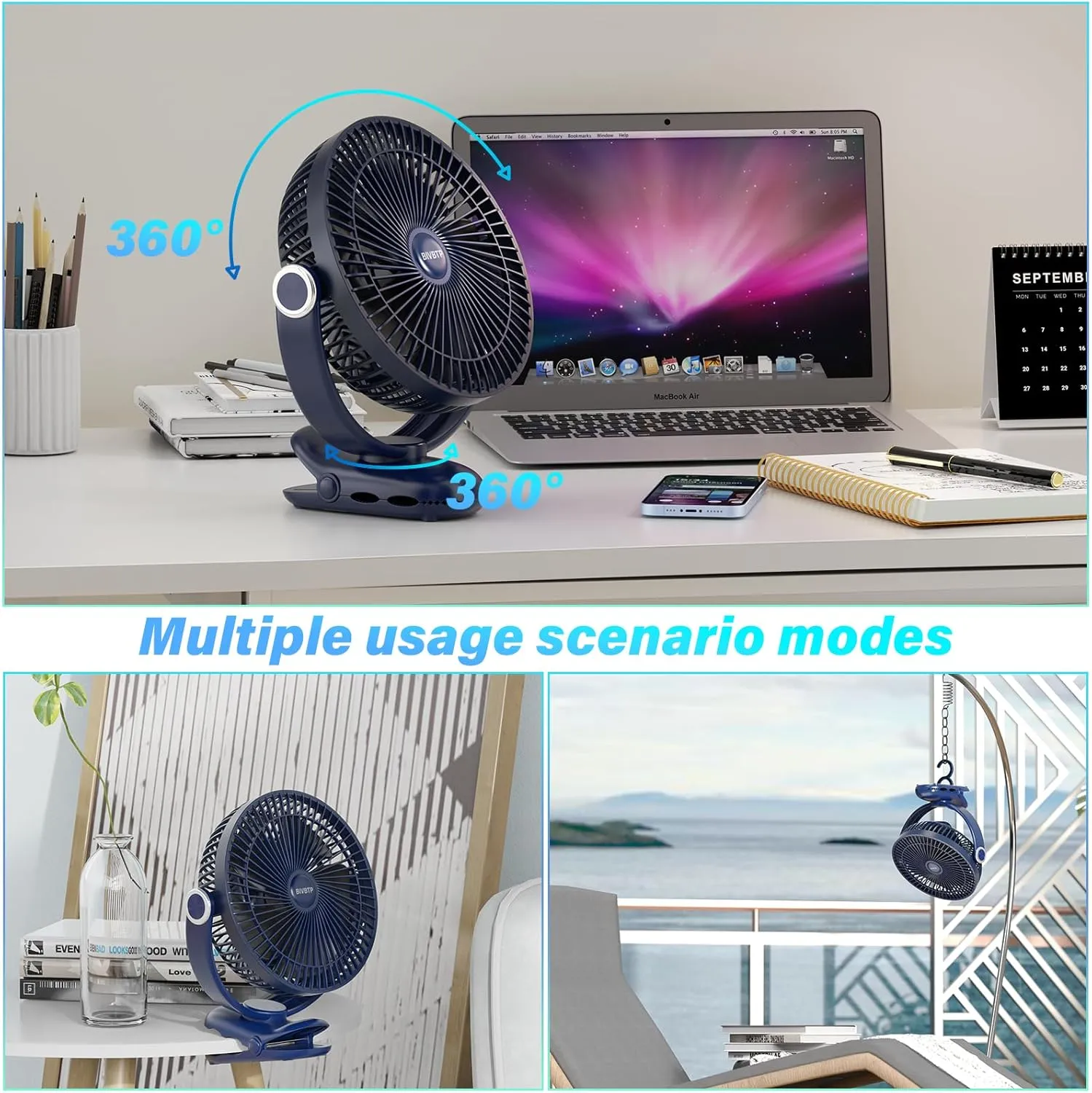 12000mAh Clip on Fan Rechargeable, 8in Battery Operated Portable Fan, Ultra Quiet Personal Fan with Strong Clamp for Golf Cart,Office Desk, Treadmill, Camping, Bedroom