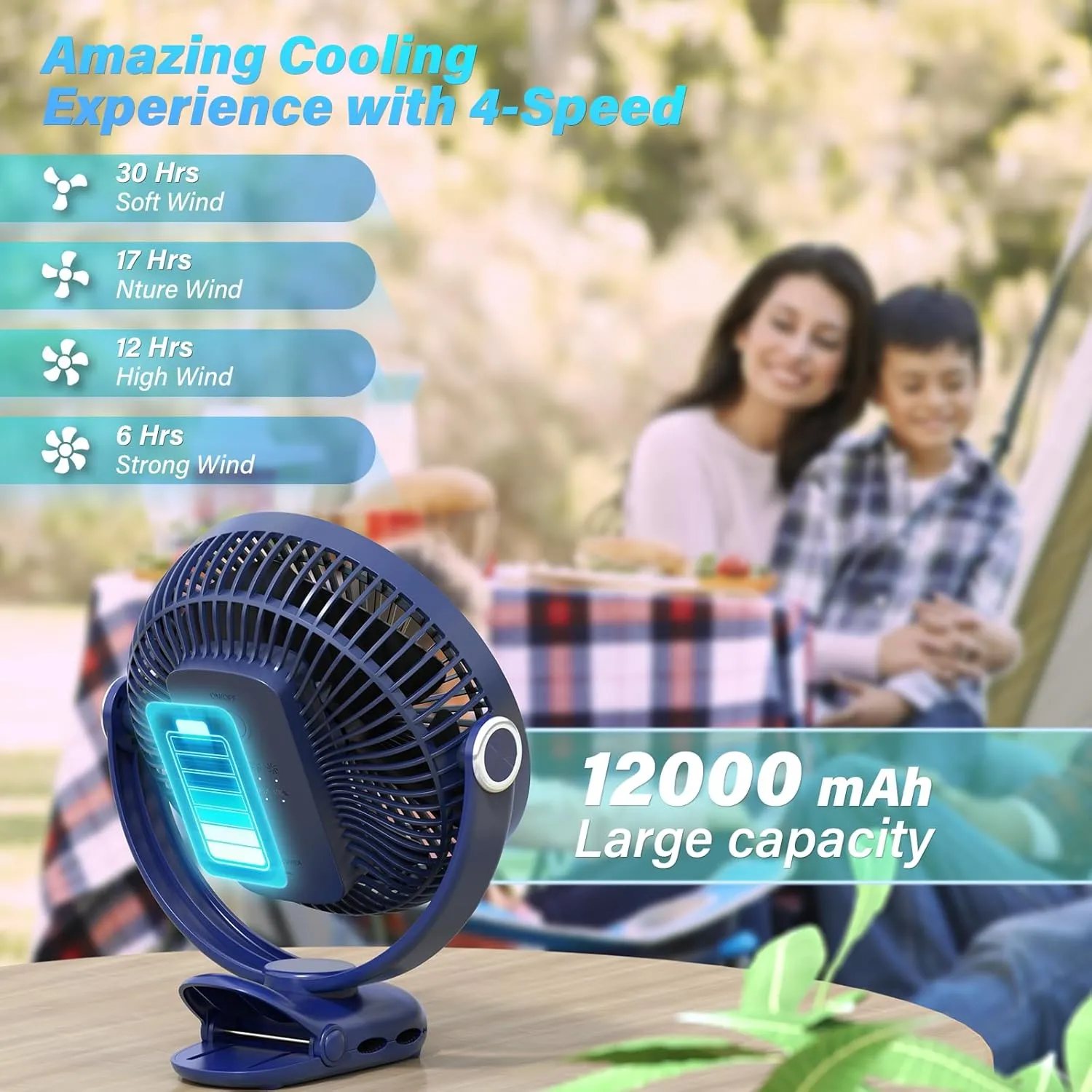 12000mAh Clip on Fan Rechargeable, 8in Battery Operated Portable Fan, Ultra Quiet Personal Fan with Strong Clamp for Golf Cart,Office Desk, Treadmill, Camping, Bedroom