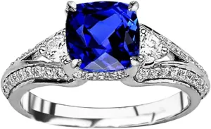 1.25 Carat t.w 14K White Gold Bostonian Three 3 Stone Split Shank Diamond Engagement Ring w/a 0.75 Carat Cushion Cut Purple Tanzanite Heirloom Quality