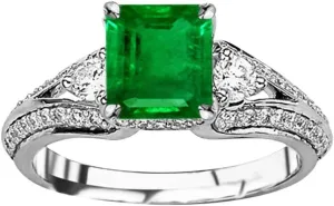 1.25 Carat t.w 14K White Gold Bostonian Three 3 Stone Split Shank Diamond Engagement Ring w/a 0.75 Carat Princess Cut Green Emerald Heirloom Quality