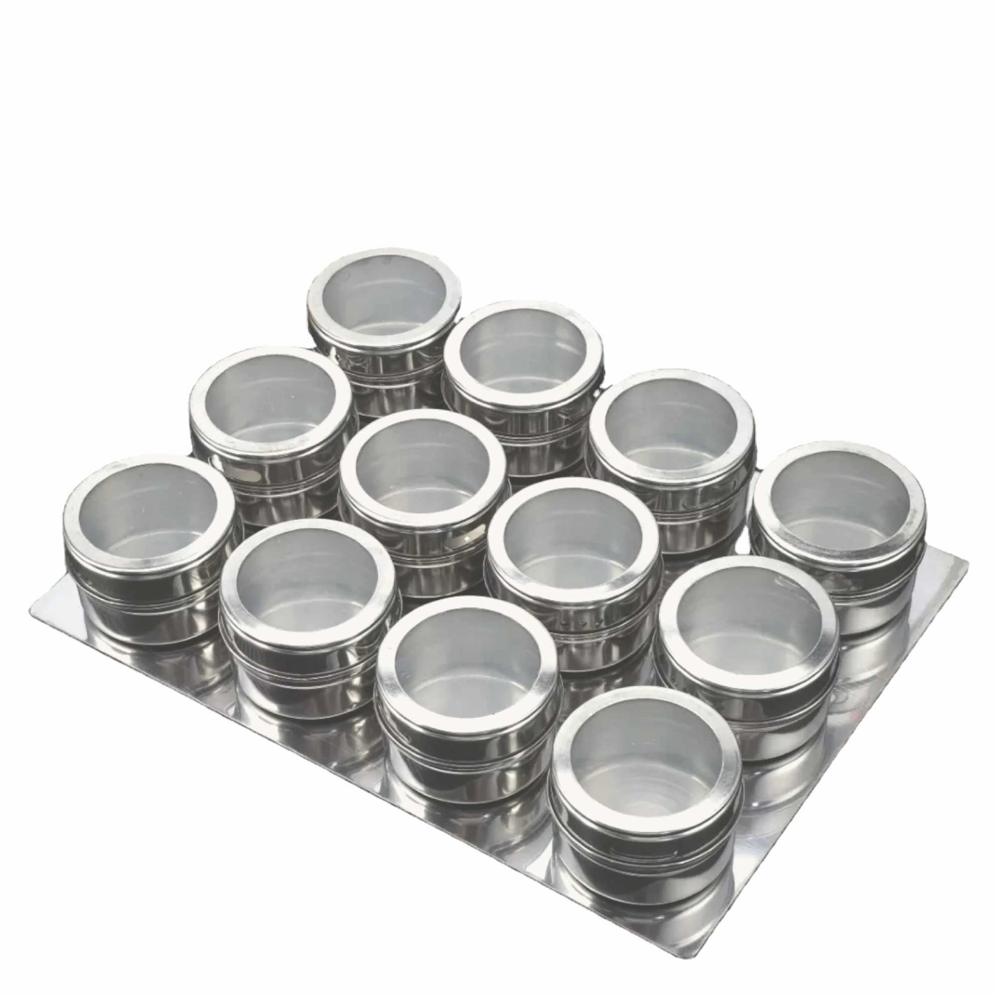12 Magnetic Spice Jar Tins and Steel Plate - 150g Seasoning Storage Containers