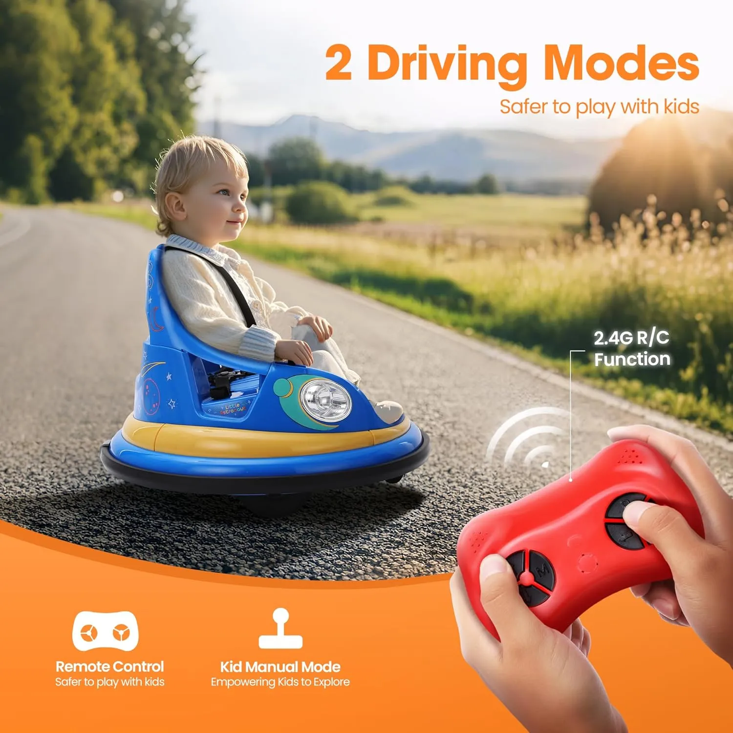 12V Electric Ride On Bumper Car for Toddler & Kids Ages 1.5-6 Years with Remote Control, 2PCS DIY Stickers, 360 Degree Spin, Lights, Sounds, Blue
