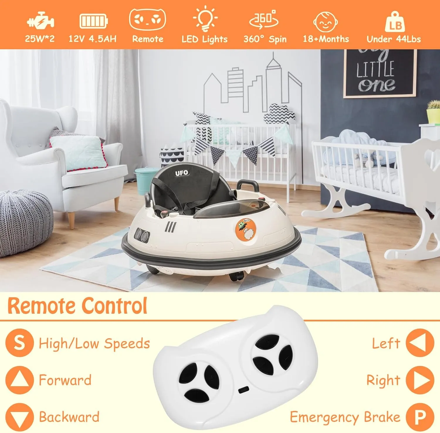 12V Electric Ride on Bumper Car for Toddlers, Kids Bumper Car with Remote Control, 360 Degree Spin, 3 Speed, LED Lights, Dual Joysticks, Safety Belt for 18  Months Kids, White