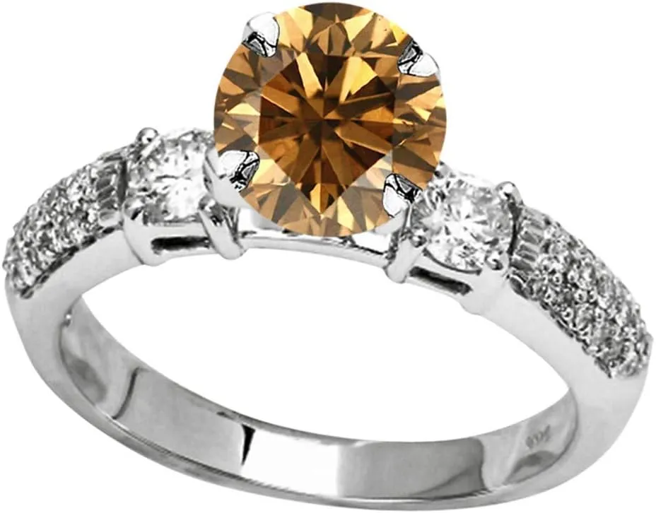 1.3 Carat t.w 14K White Gold Three Row Bostonian 3 Stone Pave Set Diamond Engagement Ring w/a 0.75 Carat Round Cut Brown Diamond Heirloom Quality
