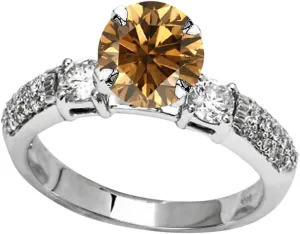 1.3 Carat t.w 14K White Gold Three Row Bostonian 3 Stone Pave Set Diamond Engagement Ring w/a 0.75 Carat Round Cut Brown Diamond Heirloom Quality