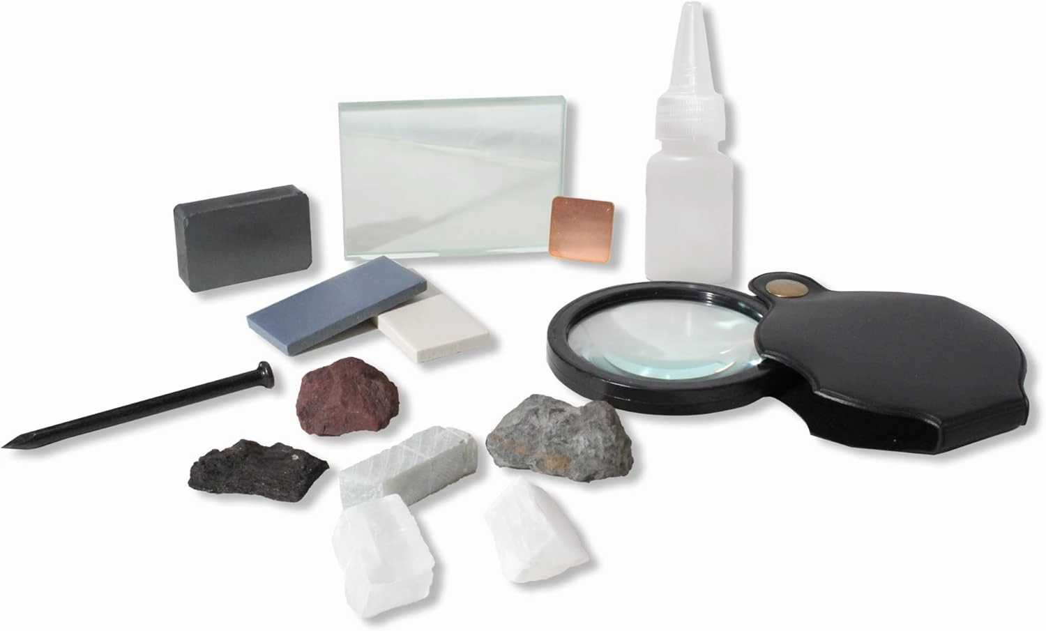 13pc Mineral ID Kit w/Hand Lens, Streak Plate, Magnet & Minerals (Talc/Coal/Calcite) - Hardness/Streak/Acid/Magnetism Tests for Geology Classrooms & Field Analysis