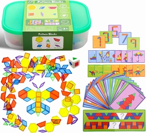 140 Pcs Translucent Pattern Blocks,Geometric Shapes,Translucent Toys,Light Table Accessories and Manipulatives,Includes 46 Activity Cards