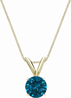14k Yellow Gold 4-Prong Basket Round-cut Blue Diamond Solitaire Pendant (3/8 cttw, Blue, I1-I2)