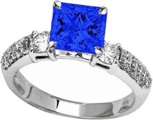 1.55 Carat t.w 14K White Gold Three Row Bostonian 3 Stone Pave Set Diamond Engagement Ring w/a 1 Carat Princess Cut Blue Sapphire Heirloom Quality