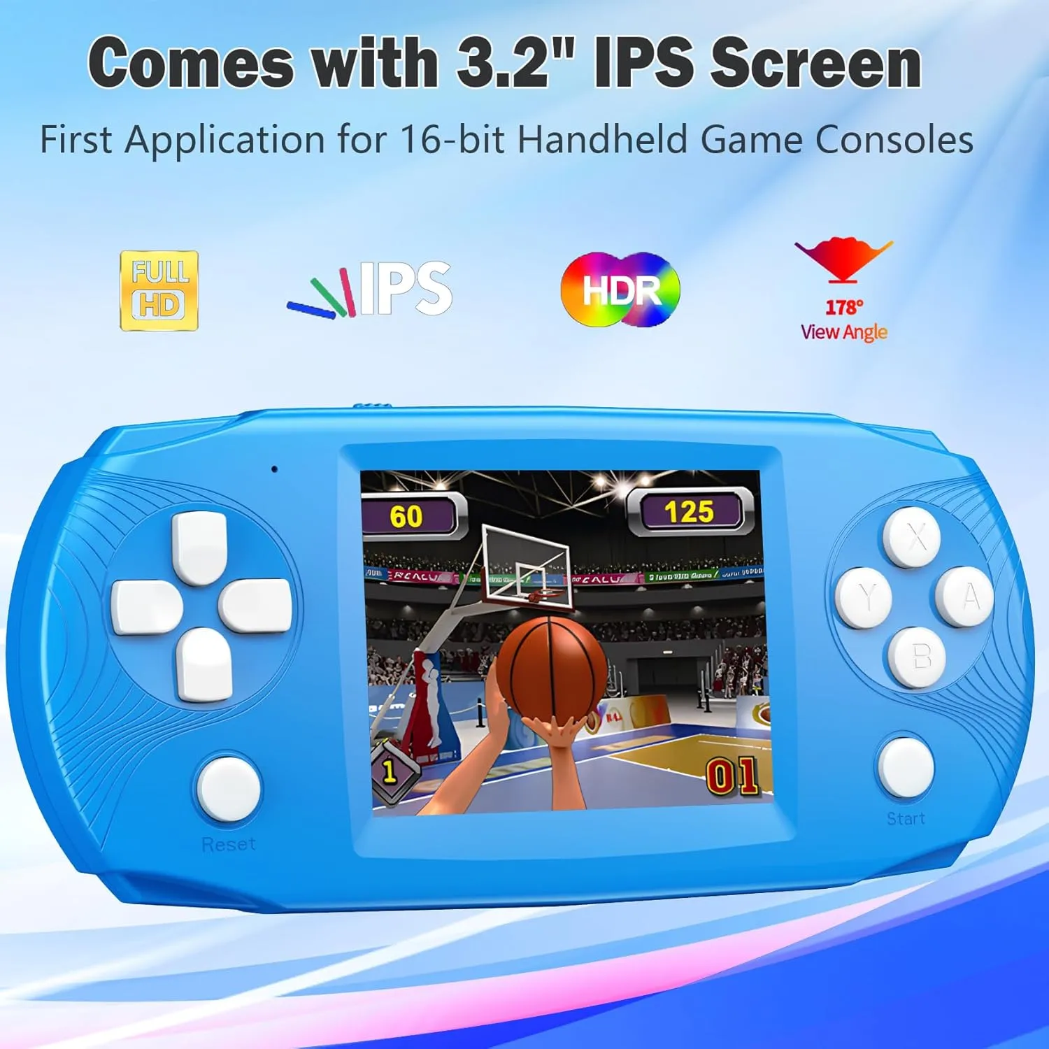 16 Bit Handheld Game Toys for Kids,3.2'' IPS HD Big Screen,Built in 100 Video Games,Boys Girls Portable Rechargeable Gaming Device,Children's Party Easter Birthday Xmas Gift (Blue)