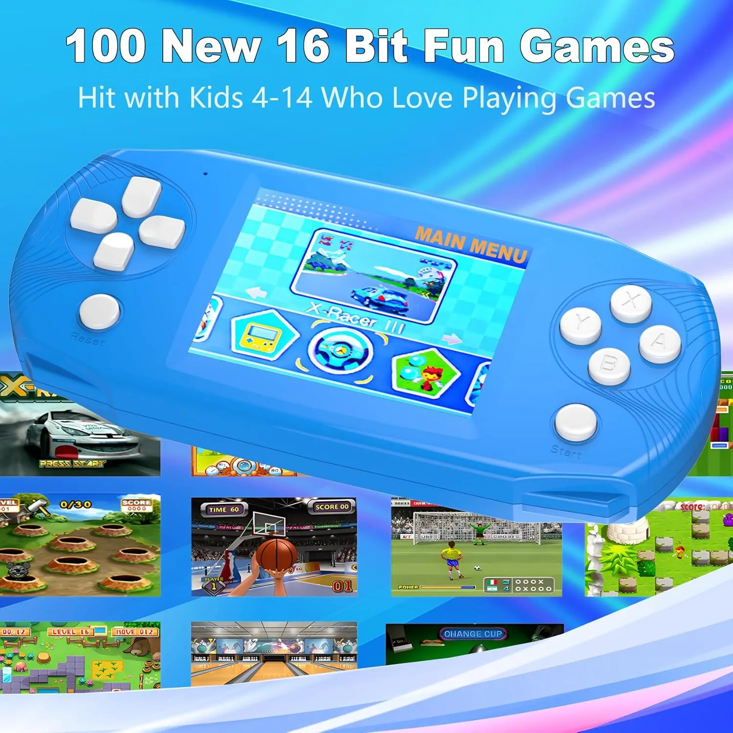 16 Bit Handheld Game Toys for Kids,3.2'' IPS HD Big Screen,Built in 100 Video Games,Boys Girls Portable Rechargeable Gaming Device,Children's Party Easter Birthday Xmas Gift (Blue)