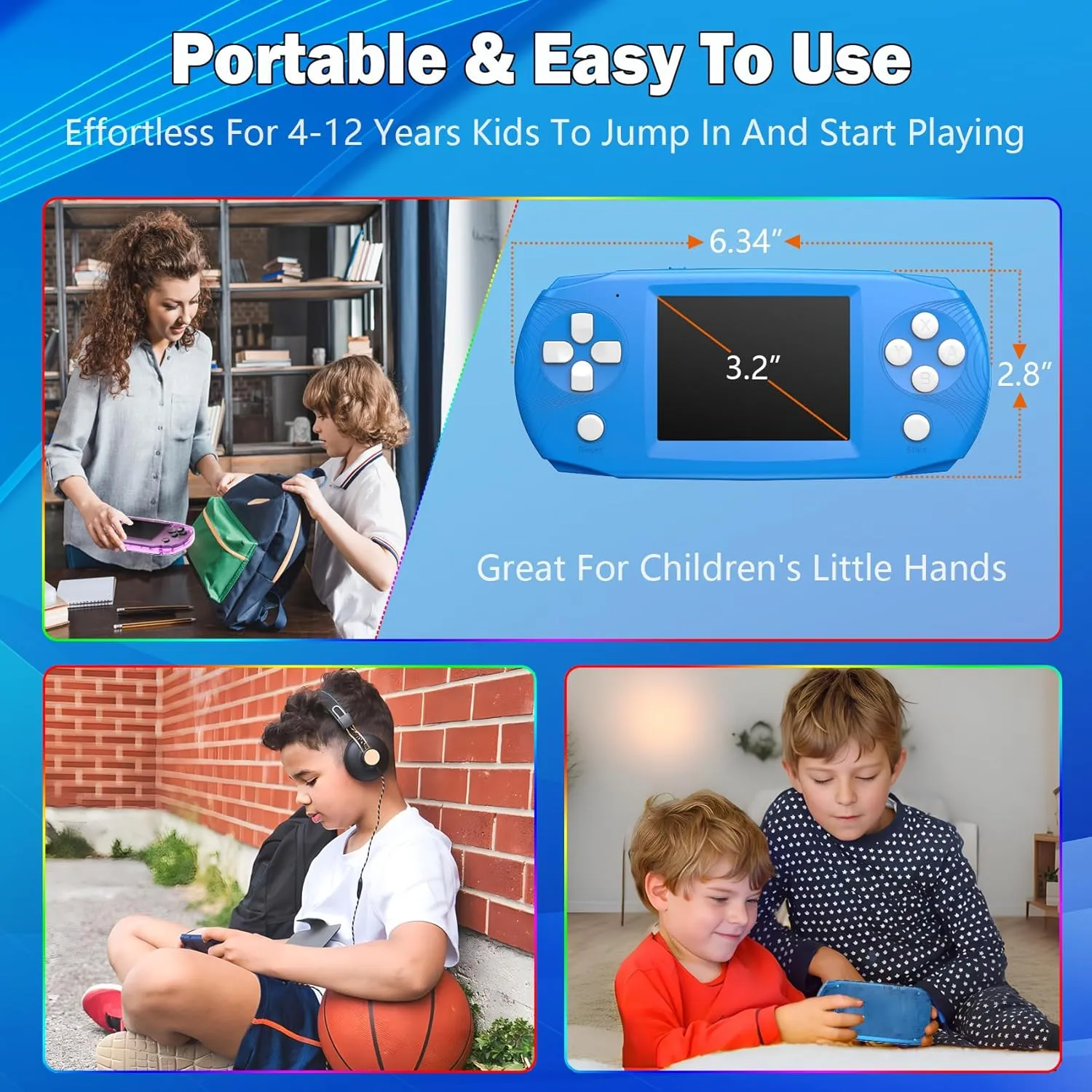 16 Bit Handheld Game Toys for Kids,3.2'' IPS HD Big Screen,Built in 100 Video Games,Boys Girls Portable Rechargeable Gaming Device,Children's Party Easter Birthday Xmas Gift (Blue)