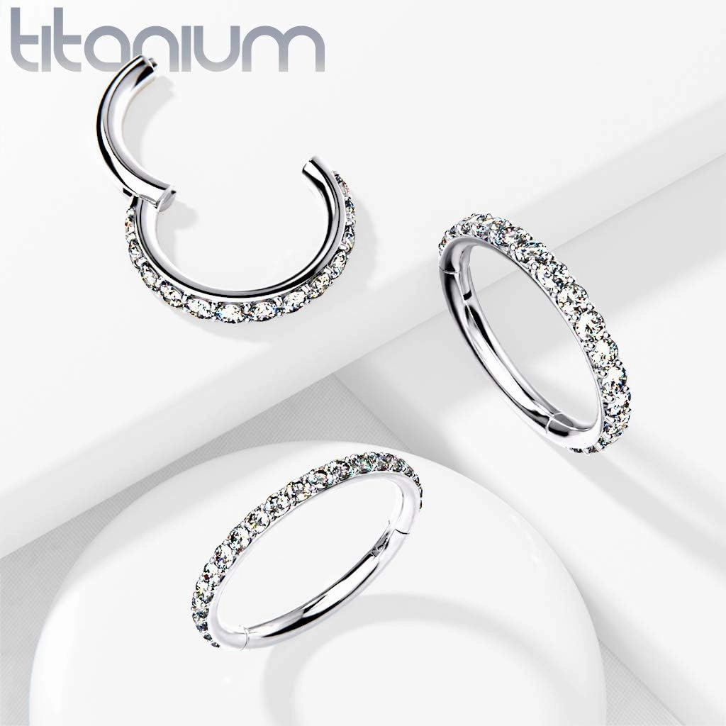 16 Gauge Implant Grade Titanium Hinged Segment Hoop Rings With High Precision Set CZ Paved Outter side (L. 8mm or 10mm)