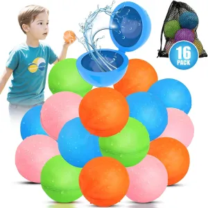 16PCS Magnetic Reusable Water Balloons for Kids Outdoor Activities, Refillable Latex-free Pool Beach Bath Toys, Self Sealing Water Bombs Splash Balls Quick Fill for Summer Games