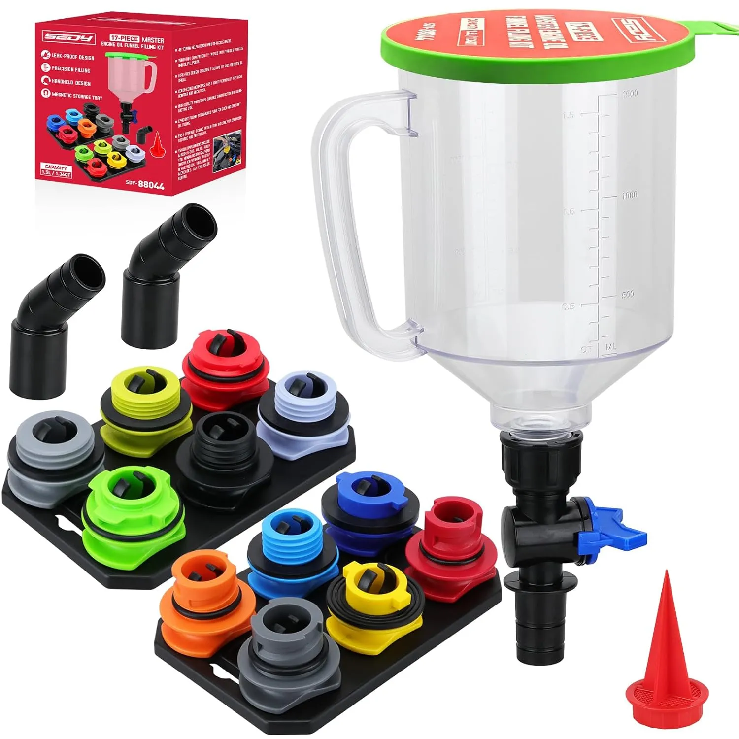 17-Piece Engine Oil Funnel Set, 1.36 qt Automotive Oil Funnel Kit with 12 Adapters, Elbow Fitting, Arrow Screen and Magnetic Storage Hooks Tray, Compatible with GM, Ford, BMW, Audi, Land Rover Etc
