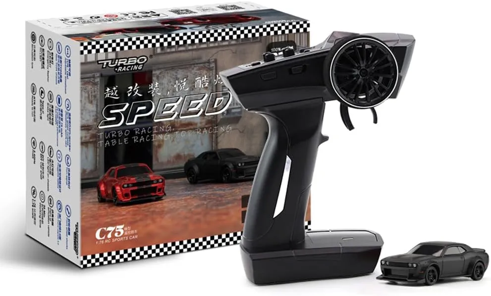 1:76 Turbo Racing Scale RC Sport Car, Table Racing Remote Control Mini Model Car Full Proportional RTR Kit Toys (C75-black)