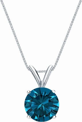 18k White Gold 4-Prong Basket Round-cut Blue Diamond Solitaire Pendant (1 cttw, Blue, I1-I2)