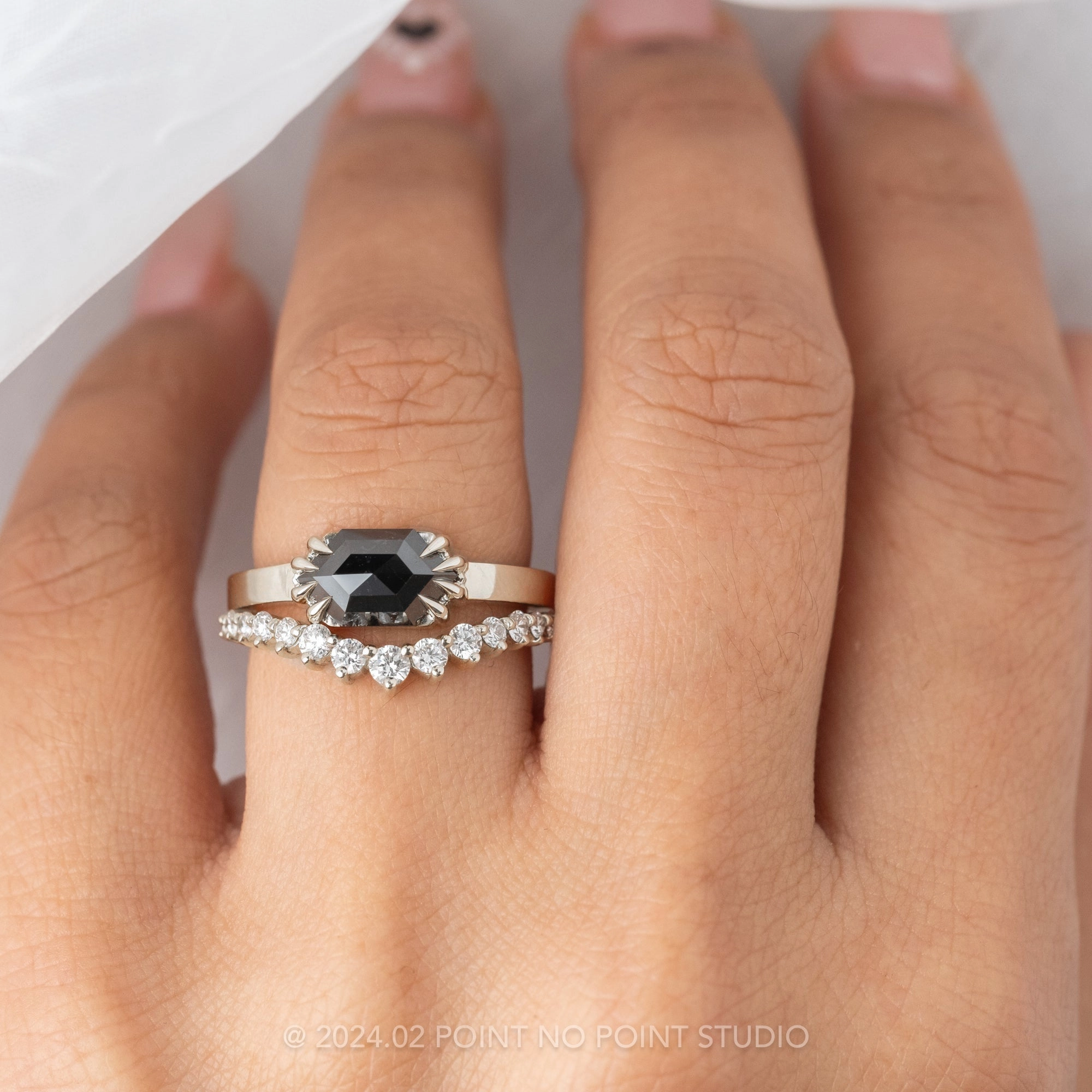 1.02 Carat Black Hexagon Diamond Engagement Ring, Jane Setting, 14K White Gold