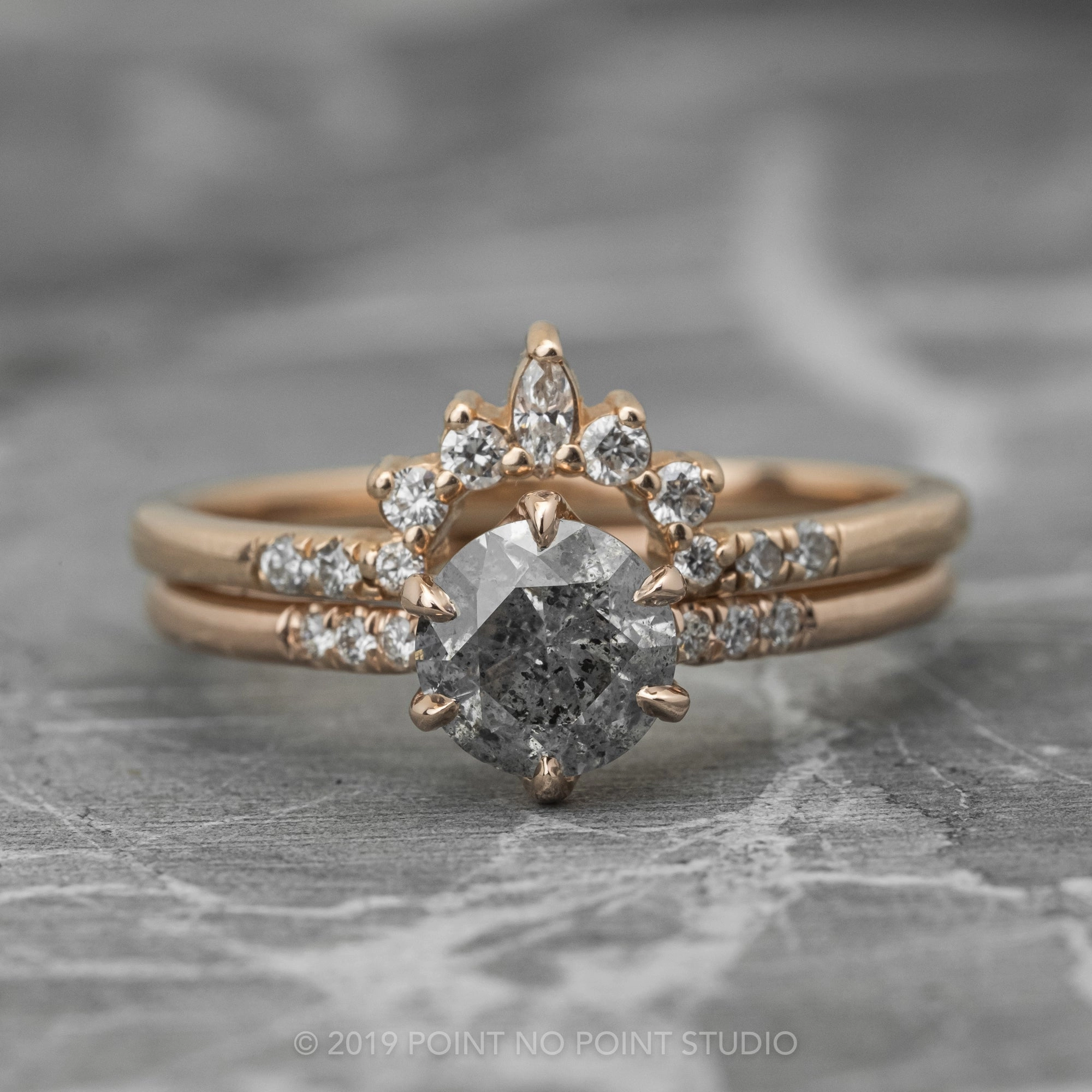 1.12 Carat Salt and Pepper Round Diamond Engagement Ring, Madeline Setting, 14K Rose Gold