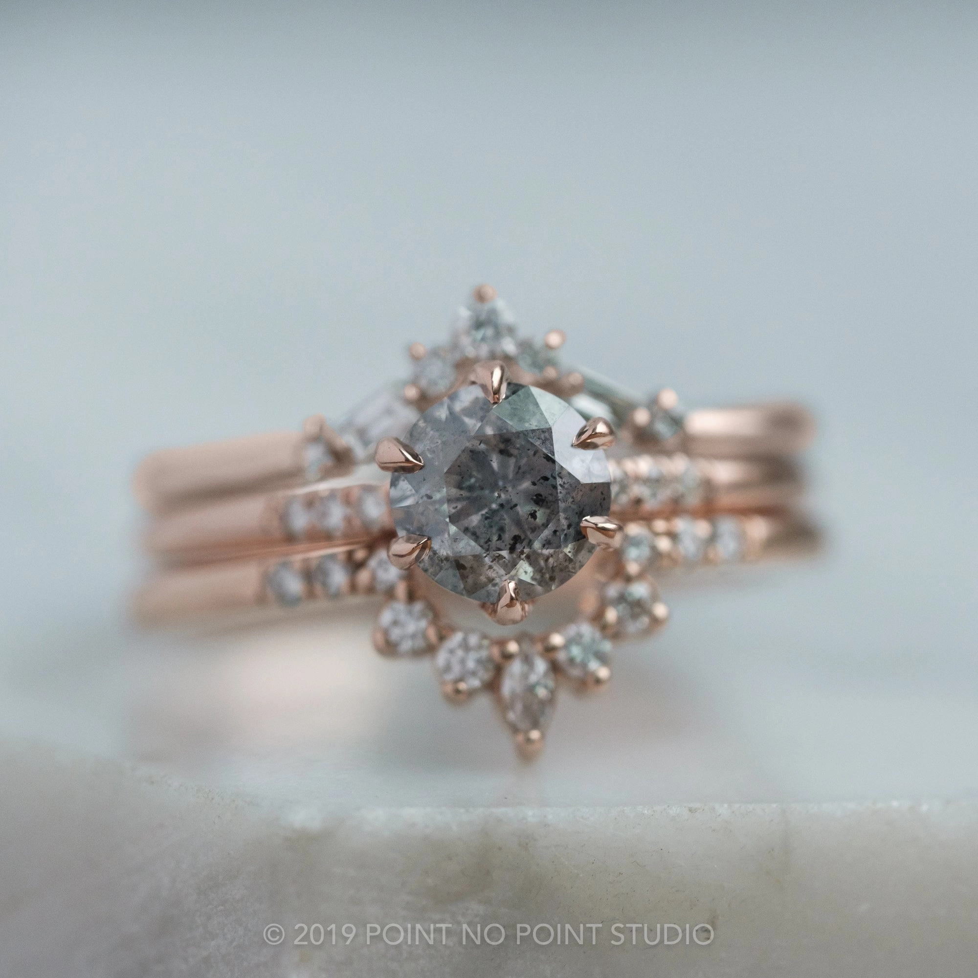 1.12 Carat Salt and Pepper Round Diamond Engagement Ring, Madeline Setting, 14K Rose Gold