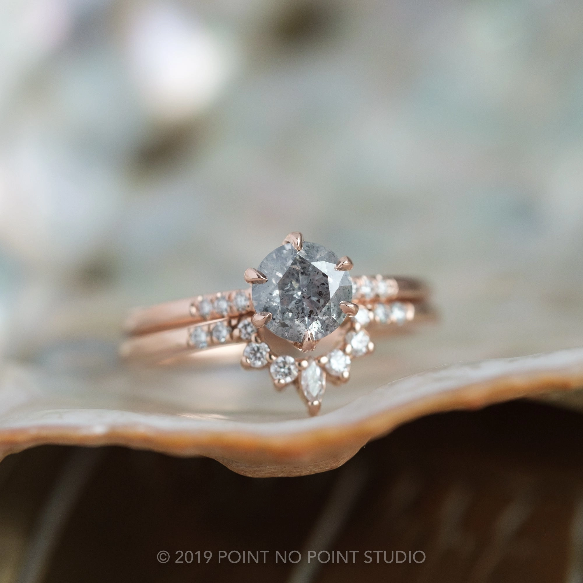 1.12 Carat Salt and Pepper Round Diamond Engagement Ring, Madeline Setting, 14K Rose Gold