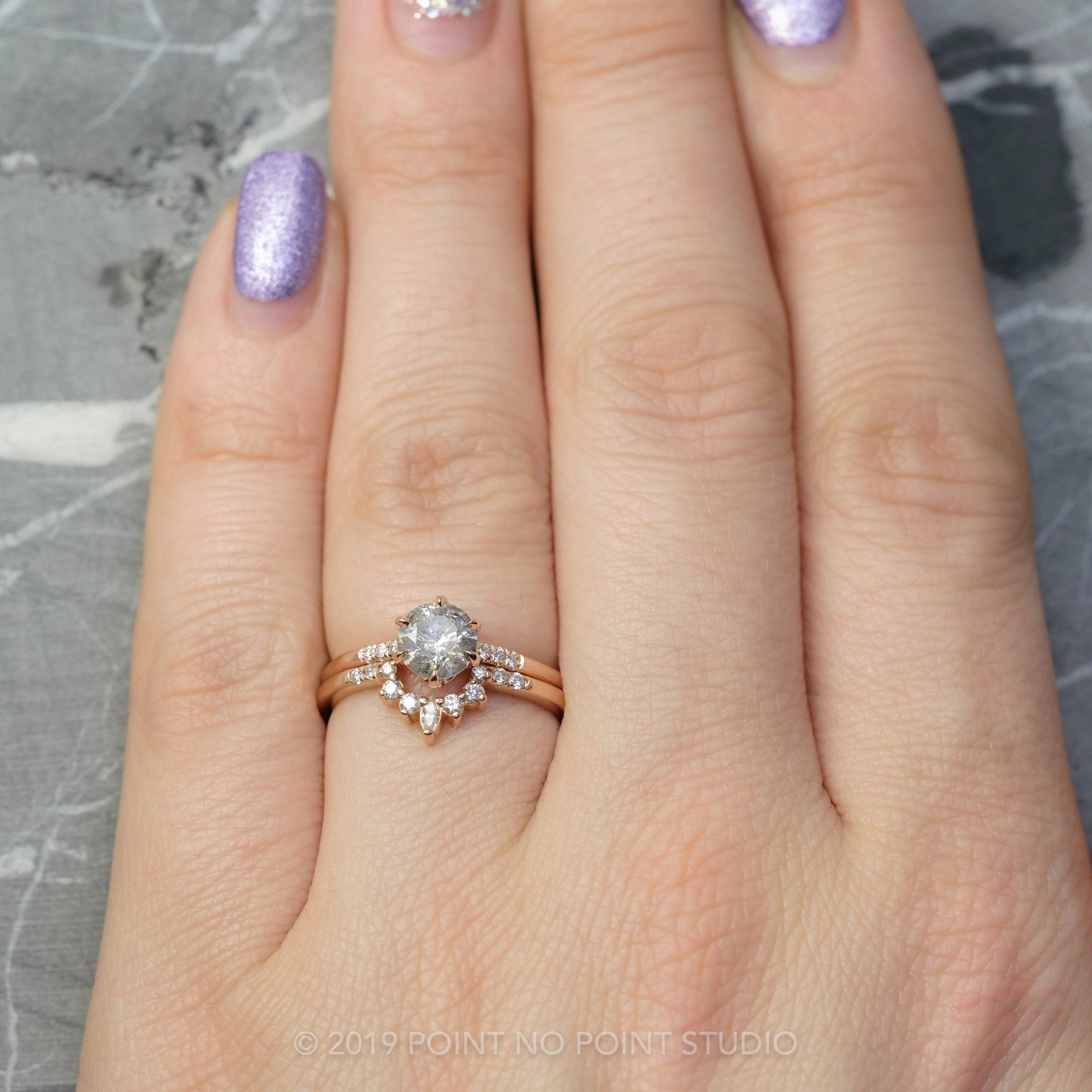 1.12 Carat Salt and Pepper Round Diamond Engagement Ring, Madeline Setting, 14K Rose Gold