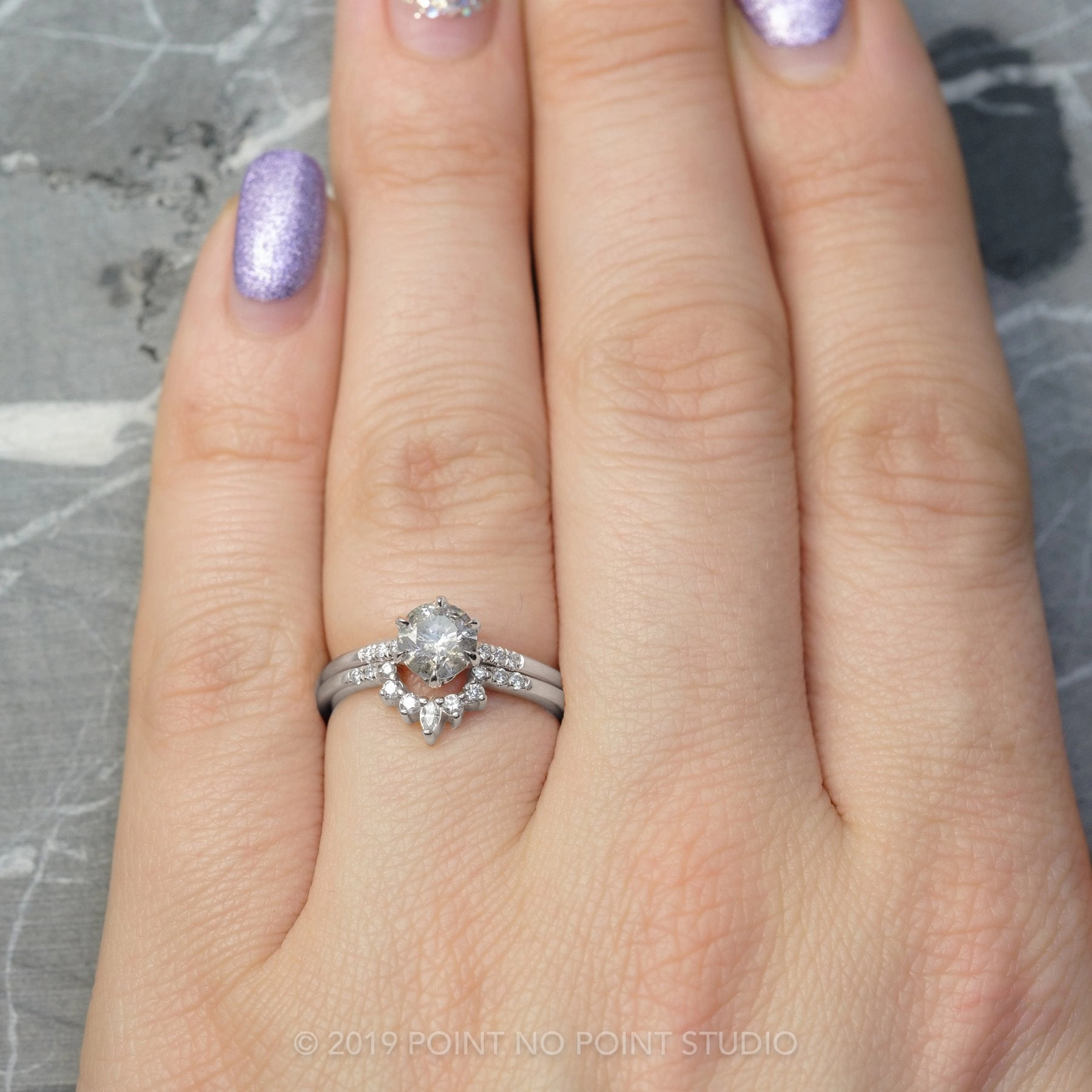 1.12 Carat Salt and Pepper Round Diamond Engagement Ring, Madeline Setting, 14K White Gold