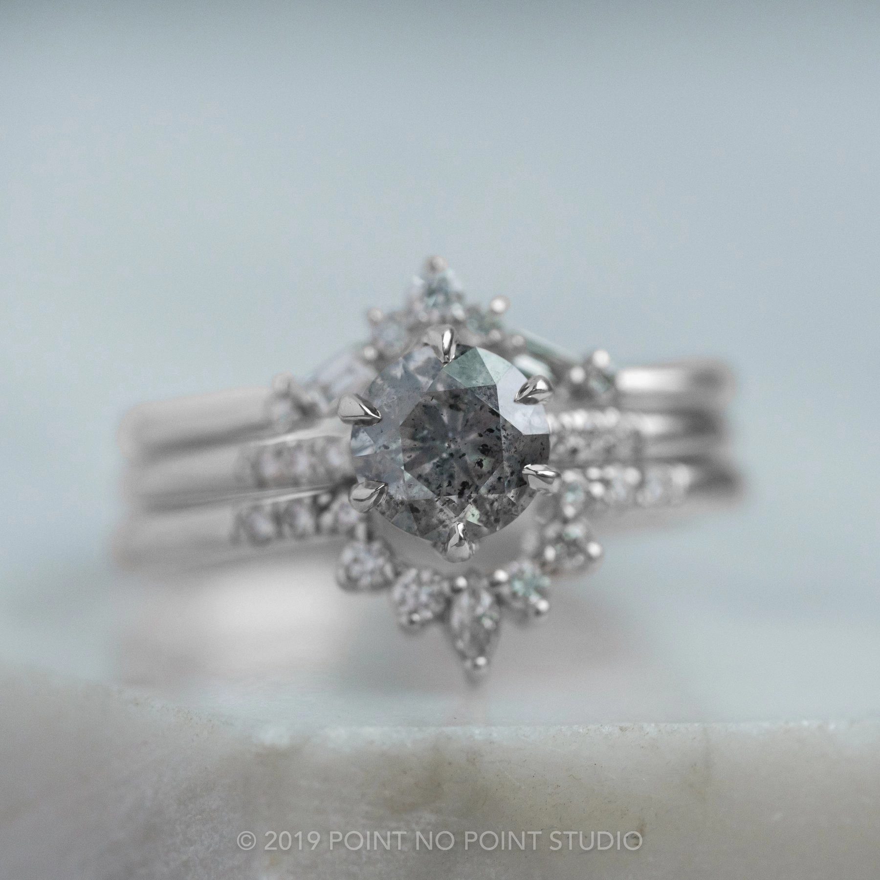 1.12 Carat Salt and Pepper Round Diamond Engagement Ring, Madeline Setting, 14K White Gold