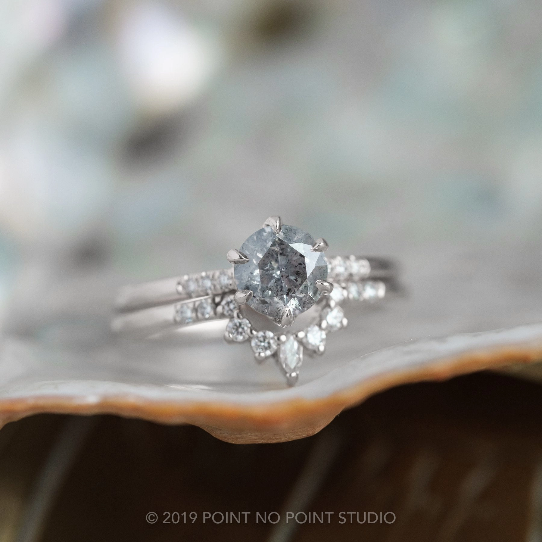 1.12 Carat Salt and Pepper Round Diamond Engagement Ring, Madeline Setting, 14K White Gold