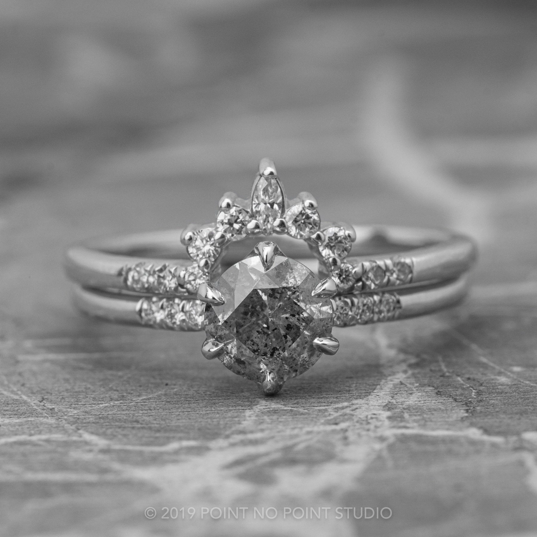 1.12 Carat Salt and Pepper Round Diamond Engagement Ring, Madeline Setting, 14K White Gold