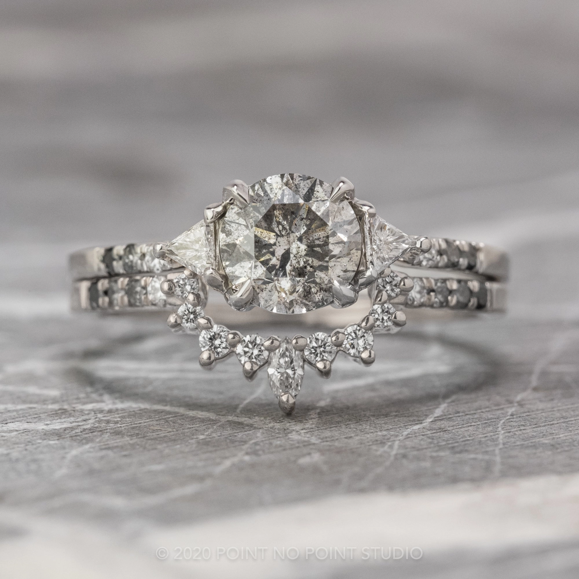 1.15 Carat Salt and Pepper Round Diamond Engagement Ring, Ombre Eliza Setting, 14K White Gold