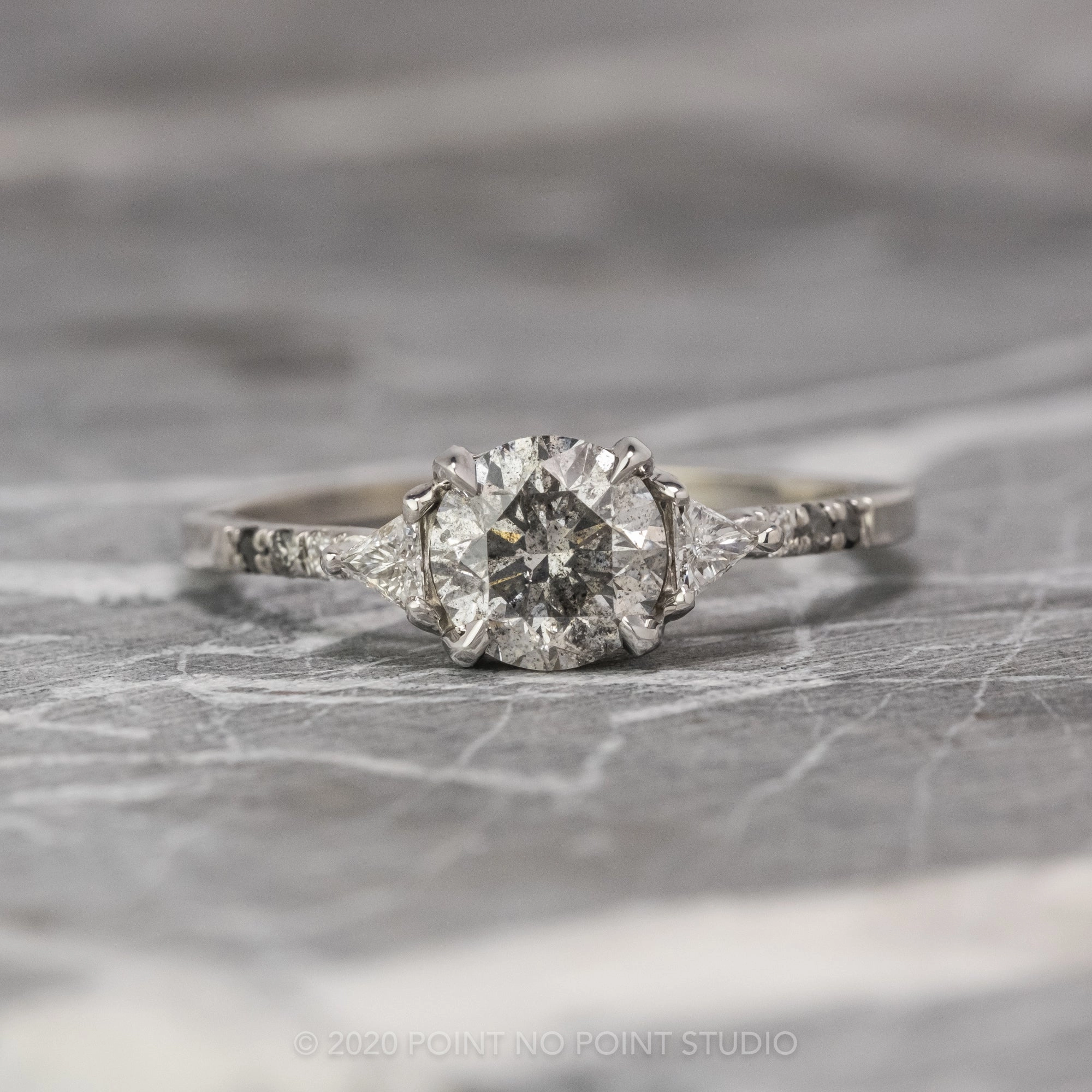 1.15 Carat Salt and Pepper Round Diamond Engagement Ring, Ombre Eliza Setting, 14K White Gold