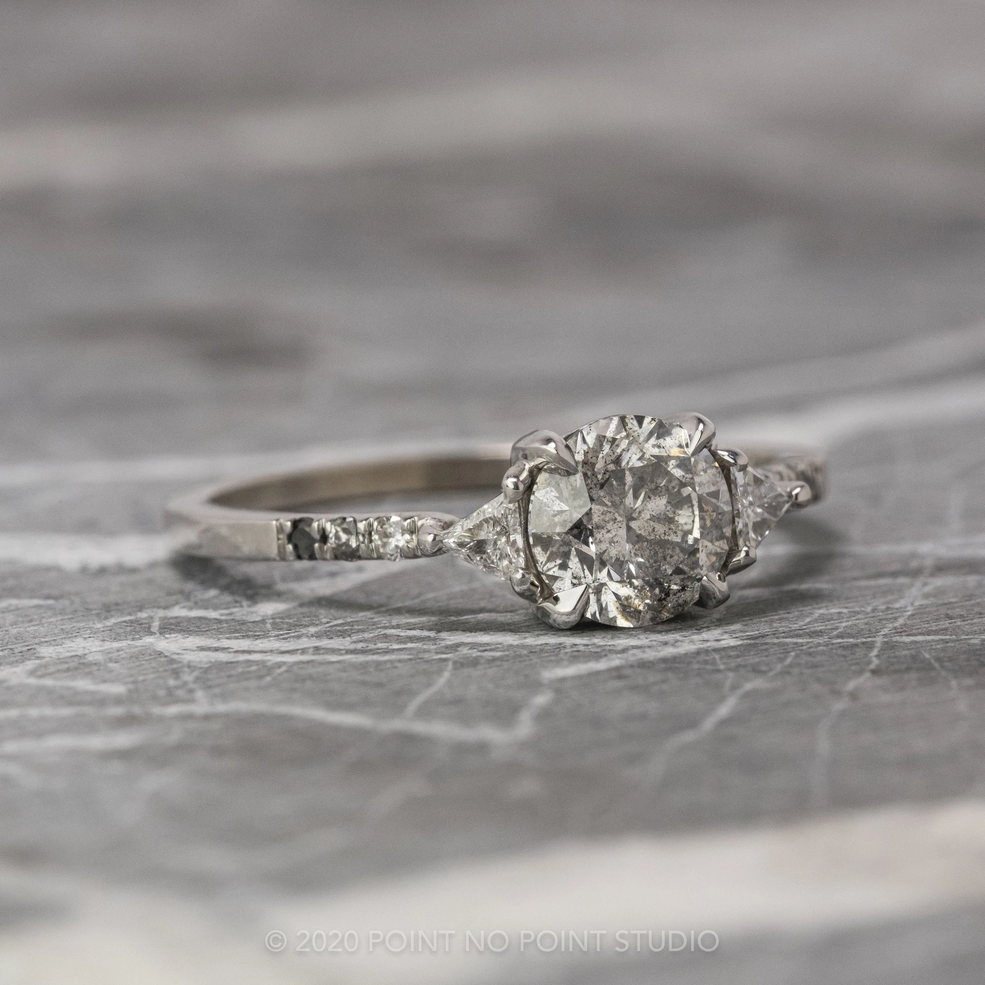 1.15 Carat Salt and Pepper Round Diamond Engagement Ring, Ombre Eliza Setting, 14K White Gold