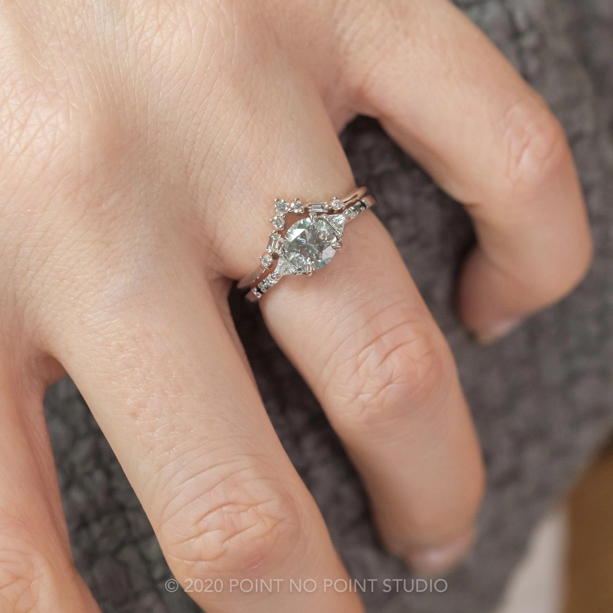 1.15 Carat Salt and Pepper Round Diamond Engagement Ring, Ombre Eliza Setting, 14K White Gold