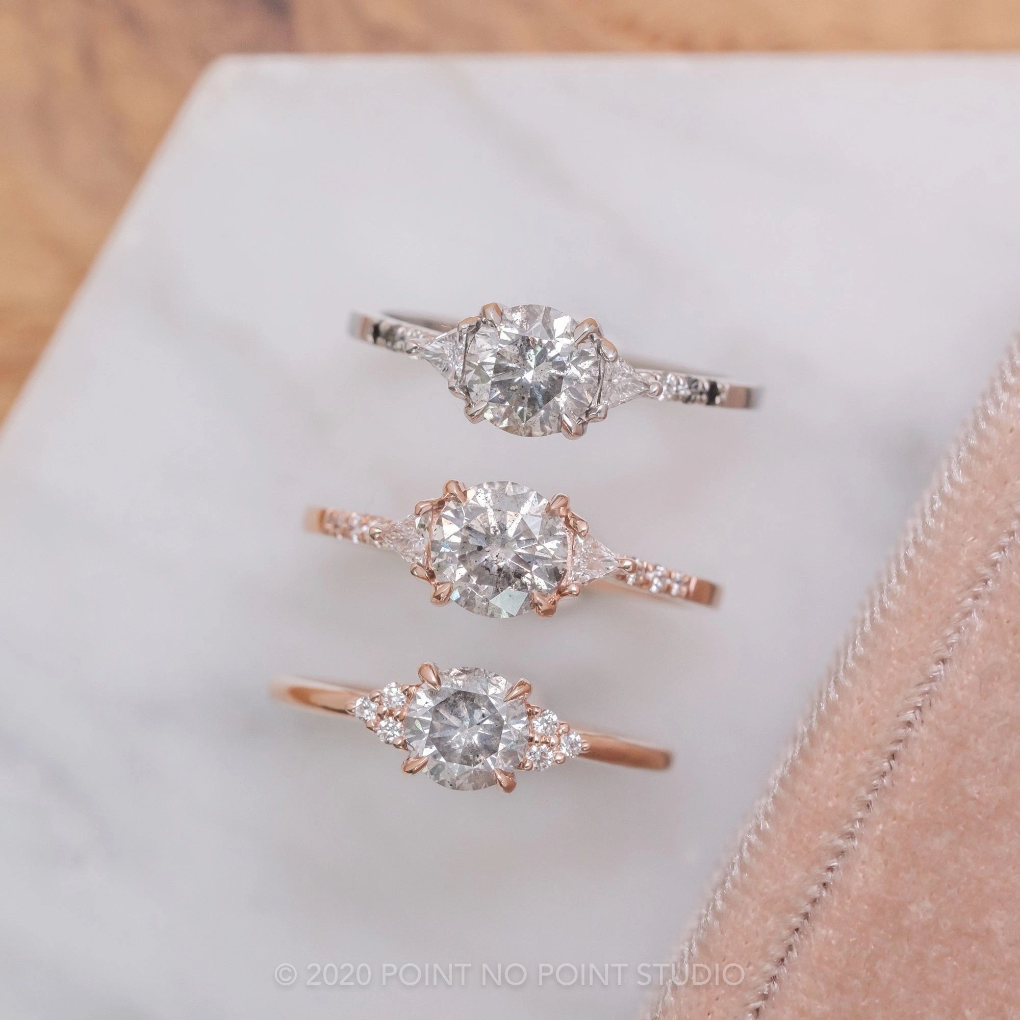 1.15 Carat Salt and Pepper Round Diamond Engagement Ring, Ombre Eliza Setting, 14K White Gold