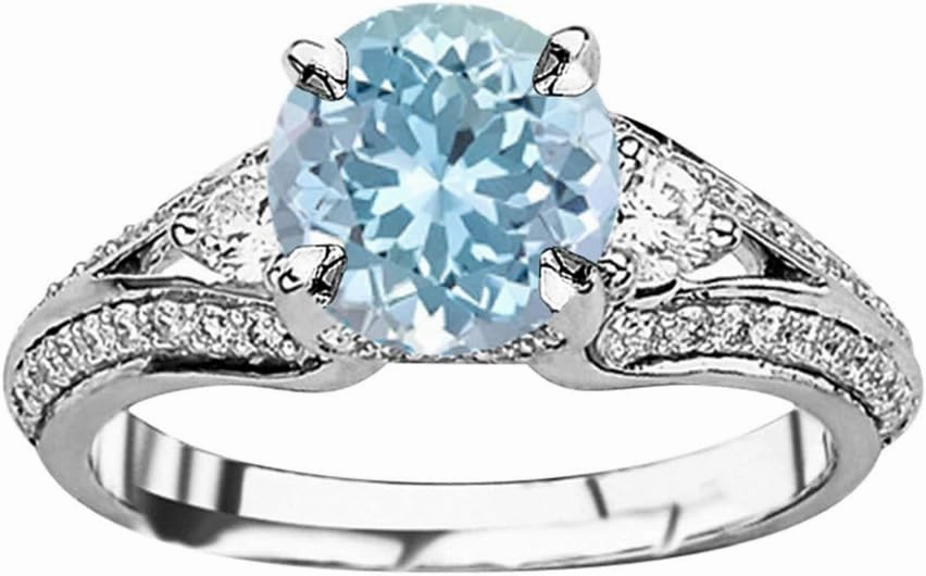 1.25 Carat t.w 14K White Gold Bostonian Three 3 Stone Split Shank Diamond Engagement Ring w/a 0.75 Carat Round Cut Blue Aquamarine Heirloom Quality