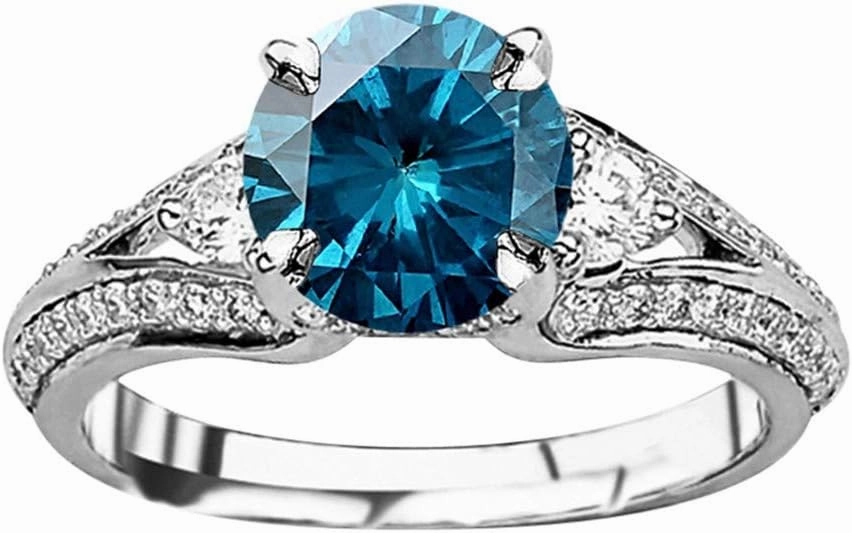 1.25 Carat t.w 14K White Gold Bostonian Three 3 Stone Split Shank Diamond Engagement Ring w/a 0.75 Carat Round Cut Blue Diamond Heirloom Quality