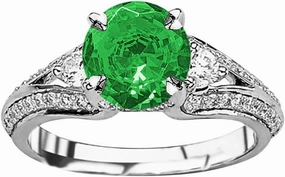 1.25 Carat t.w 14K White Gold Bostonian Three 3 Stone Split Shank Diamond Engagement Ring w/a 0.75 Carat Round Cut Green Emerald Heirloom Quality