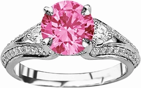 1.25 Carat t.w 14K White Gold Bostonian Three 3 Stone Split Shank Diamond Engagement Ring w/a 0.75 Carat Round Cut Pink Sapphire Heirloom Quality